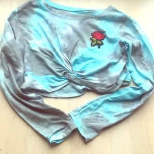 Women’s Grey and Blue Knotted Crop Top with Rose